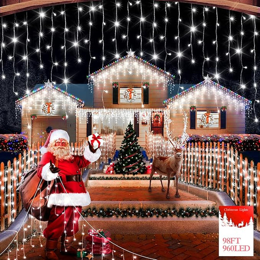 98FT 960 LED Christmas Lights, Waterproof 8 Modes Ice Lights for Outside with Memory and Timer Hanging Fairy Lights Plug-in Curtain String Lights for Holiday Party Wedding Home (Cool White)