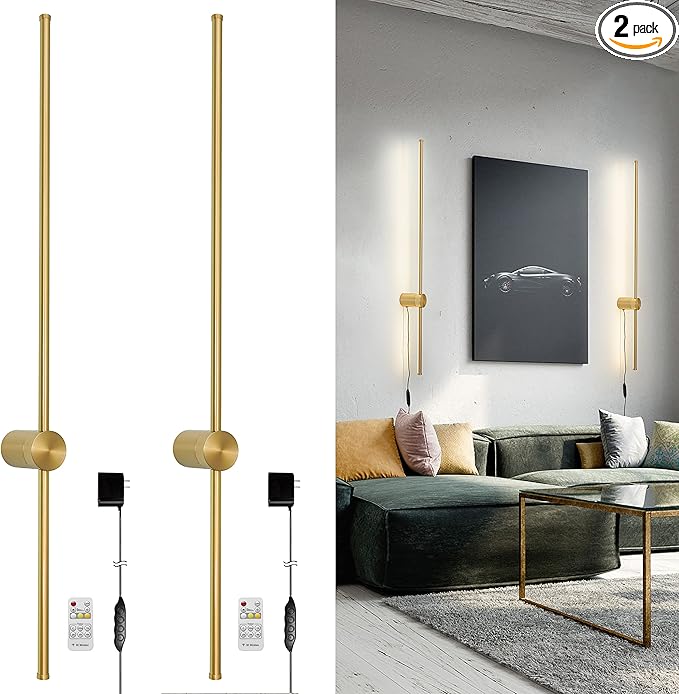 Modern Plug in Wall Sconces Set of Two,Gold Plug in Wall Light with Remote,Wall Lamp with Plug in Cord, LED Wall Light with Memory Function, Original Brand Lighting