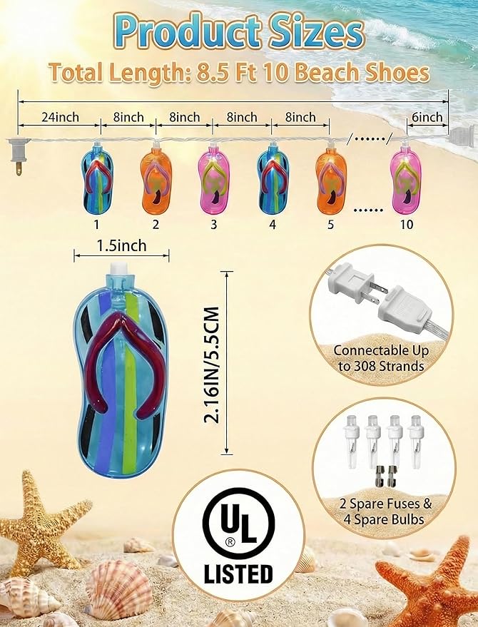 Multicolor Beach Flip Flop String Lights, 8.5Ft Beach Themed Outdoor Party Lights with 10 Multicolor Slipper Lights, Summer Ocean Decorations String Lights for Bedroom Camping Decks Party Lighting
