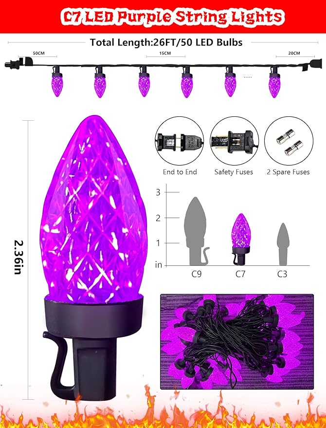 C7 Halloween Purple String Lights Plug in, 26Ft Outdoor Halloween Decorations Lights with 50 LED C7 Strawberry Purple Bulbs Waterproof UL Listed for Roofline Backary Porch Window Holiday Party Decor