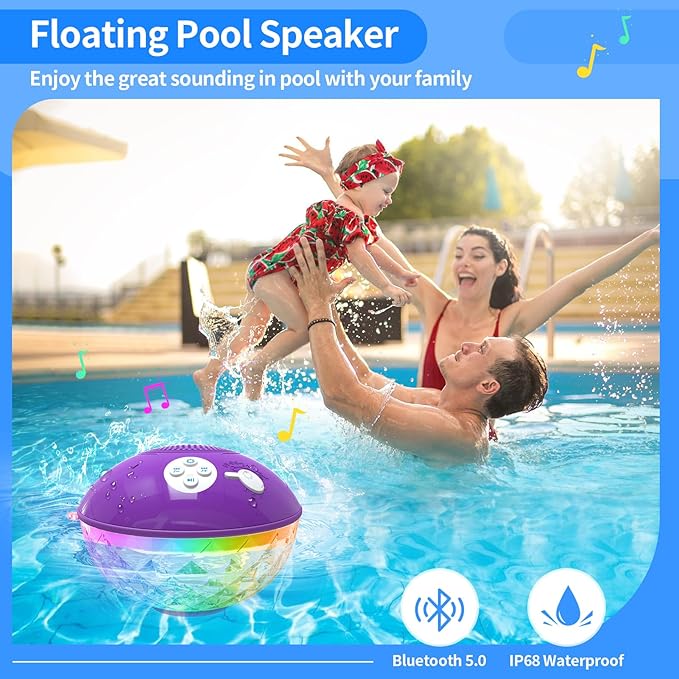Blufree Floating Pool Speakers with Colorful Lights, Bluetooth Wireless Pool Speaker Floatable IP68 Waterproof, Built-in Mic & Crystal Clear Sound Bluetooth Hot Tub Speaker for Pool Party Outdoors