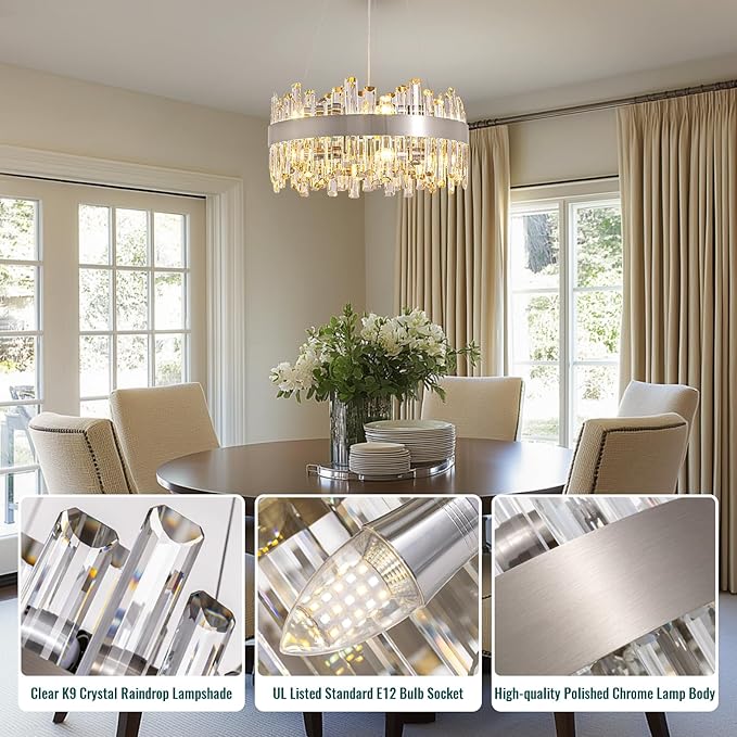 Siljoy Modern Crystal Chandelier, 12-Lights Contemporary 2-Tiers K9 Crystal Raindrop Chandelier Flush Mount Crystal Pendant Ceiling Light Fixture for Dining Living Room Kitchen Island D19.7''