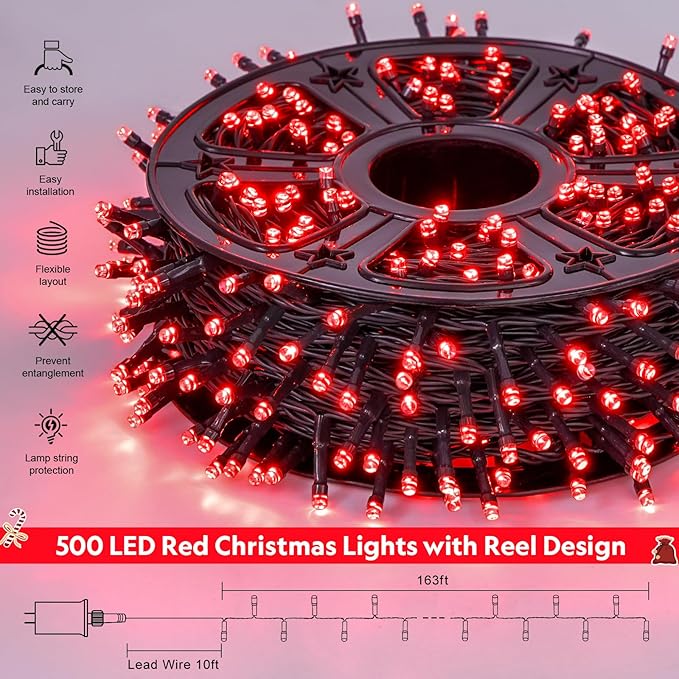 JMEXSUSS 500 LED Red Christmas Lights Outdoor, 173ft Christmas Lights Plug in, Waterproof 8 Modes Red String Light for Tree Party Xmas Holiday Decorations