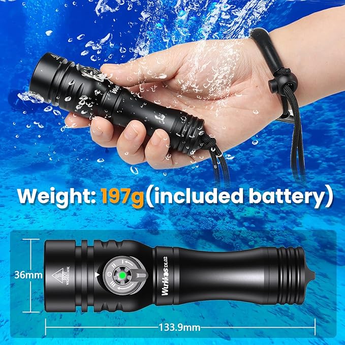 Wurkkos DL02 Scuba Diving Light,3000 Lumens 6500K Dive Light with Rotary Magnetic Switch,IPX8 Waterproof 496M Long Throw 100M Underwater 3 Lighting Modes Submersible Flashlight for Night Diving