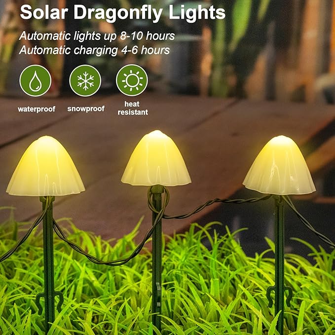 20 LED Mushroom Solar String Lights Outdoor, 8 Modes Decorations Garden Lights Waterproof, Solar Fairy String Light for Outside Patio Pathway and Yard, Warm White