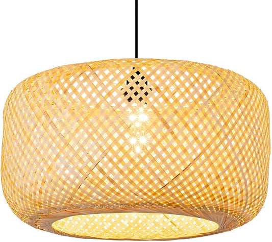 17.72in Bamboo Pendant Light Rattan Wicker Hand Woven Lighting Fixture Boho Coastal Beach Chandelier Hanging Basket Lights for Kitchen Island Dining Room Restaurant Hallway Foyer