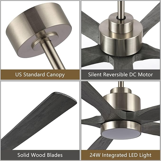 ELEHINSER 52" Modern Ceiling Fan with Lights and Remote Control, 5 Solid Wood Blades 6-Speed Noiseless Reversible DC Motor, Ceiling Fan for Bedroom Dinning Living Room, Nickel Finish with Wood Blades