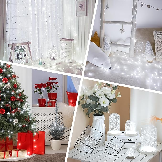 Lakumu 32FT(16 * 2) Fairy Lights Battery Operated, Rechargeable String Lights with Timer, LED Twinkle Lights for Bedroom, Christmas Decorations, Wedding, Vine, Centerpiece Table Decor Cool White