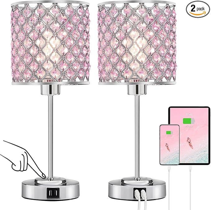 GyroVu Crystal Table Lamp, Bedside Crystal Lamp, Dimmable Touch Nightstand Lamp with USB-C+A Charging Ports Pink Night Lights Decorative Accent Lamp for Bedroom, Living Room, Office, Girls Room