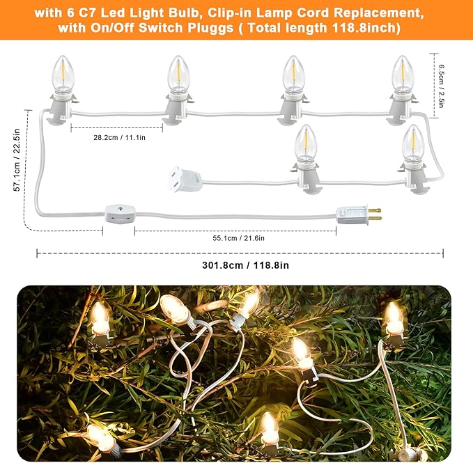 Accessory Cord with 12 Led Light Bulb, LED Light Bulb C7 Cord Clip Lights Christmas Cabin for Spring, Summer Party, Wedding, Patio Decorations,Christmas Village Houses Craft Decoration