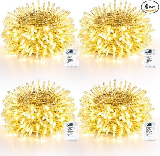 Lomotech Battery Operated Christmas Lights - 4 Pack Total 66ft 200LEDs String Lights 8 Modes Waterproof with Timer for Home, Garden, Party, Holiday, Tree Decoration (Clear Wire, Warm White)