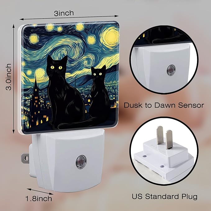 Starry Night Black Cat Night Light for Kids, Dusk-to-Dawn Auto Sensor Plug in Night Light, 0.5W Energy Saving Non-Toxic Design for Bedroom/Bathroom, Ideal Gifts for Women, Men & Kids