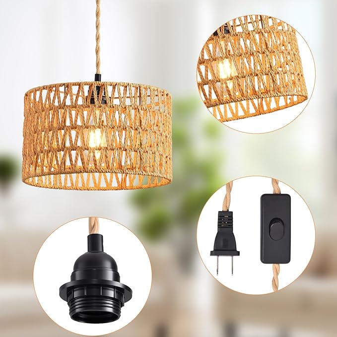 Industrial 15ft Pendant Light Cord -Plug in Hanging Light Fixture, 15FT Farmhouse Pendant Lamp Lights Cord with Switch Cord for Kitchen Island Bedroom Living Room