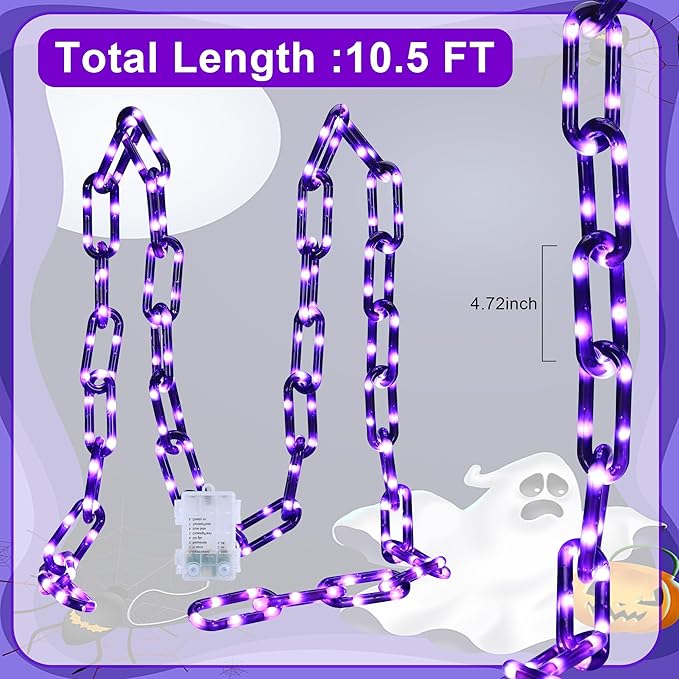woohaha Halloween Decorations Plastic Chain Lights，10.5FT 175LED Purple Battery/USB Props Chains String Lights,8 Modes and Timer for Outdoor Halloween Party Creepy Cosplay Spooky Ornaments