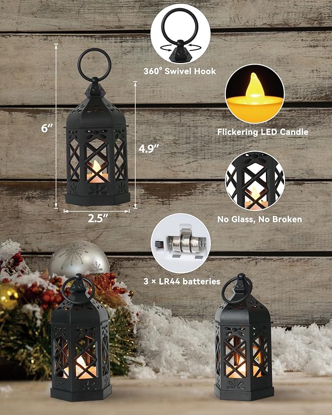8-Pack Mini Lanterns with Flickering LED Candles for Ramadan, Moroccan Decorative Hanging Lanterns for Halloween, Christmas, Wedding, Black Lantern for Table Centerpiece, Home & Party Decor