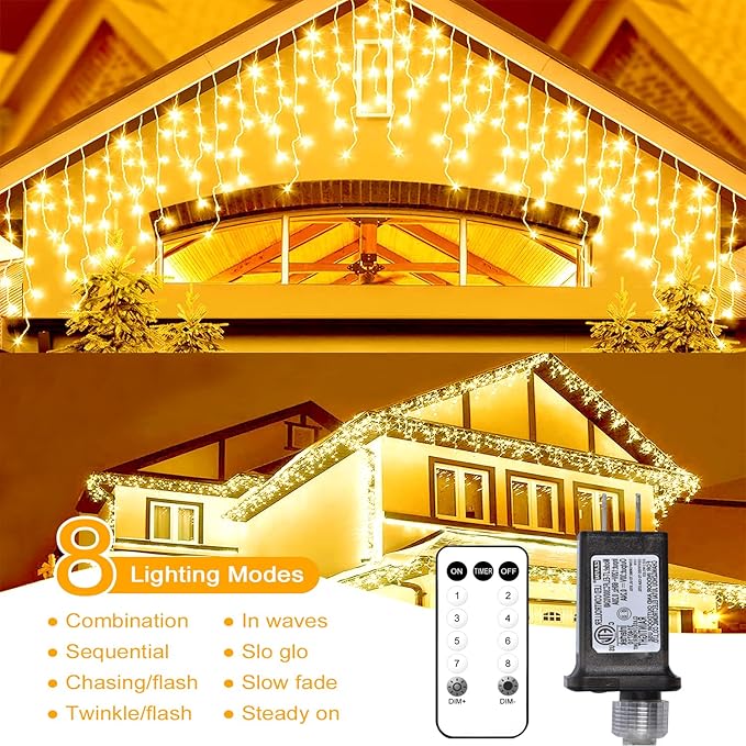 Icicle Lights for Outside,115ft 1000 LEDs Warm White Christmas Light Outdoor,8 Modes,Timer,Plug in Waterproof Twinkly Icicle Lights for Eaves Yard Party House Holiday Christmas Decoration