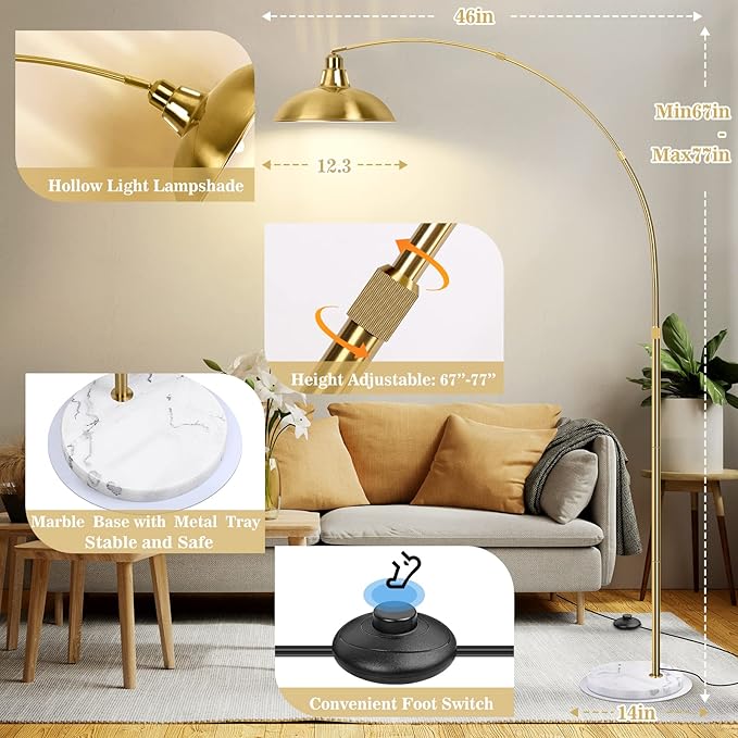 Gold Brass Arc Floor Lamp for Living Room - Mid Century Modern Standing Lamp, Overhanging Floor Lamps, Arch Stand Up Lamp & Floor Light with White Marble Base, Ideal for Bedroom Study Room