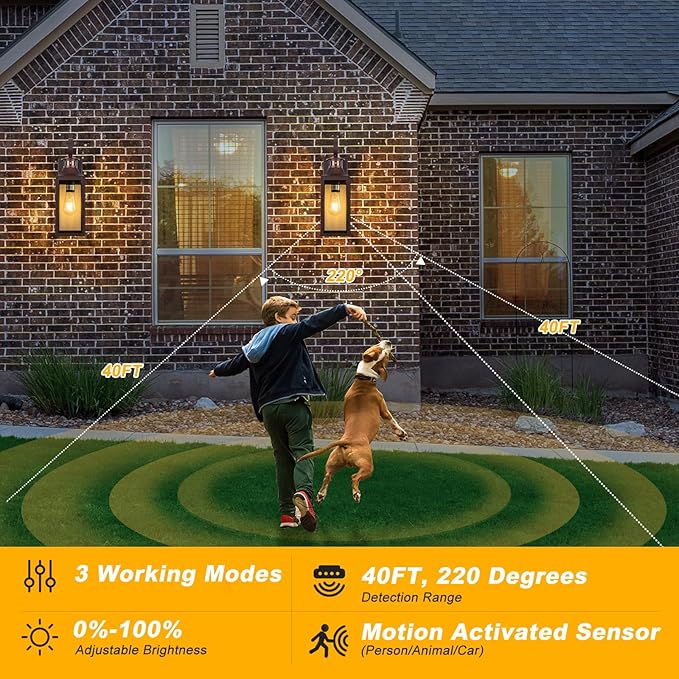 Motion Sensor Outdoor Wall Lights 2 Pack - Oil Rubbed Bronze Dusk to Dawn Light Fixtures, 16" Exterior Wall Sconces, Large Brown Outside Lamps for House, Modern Wall Lanterns