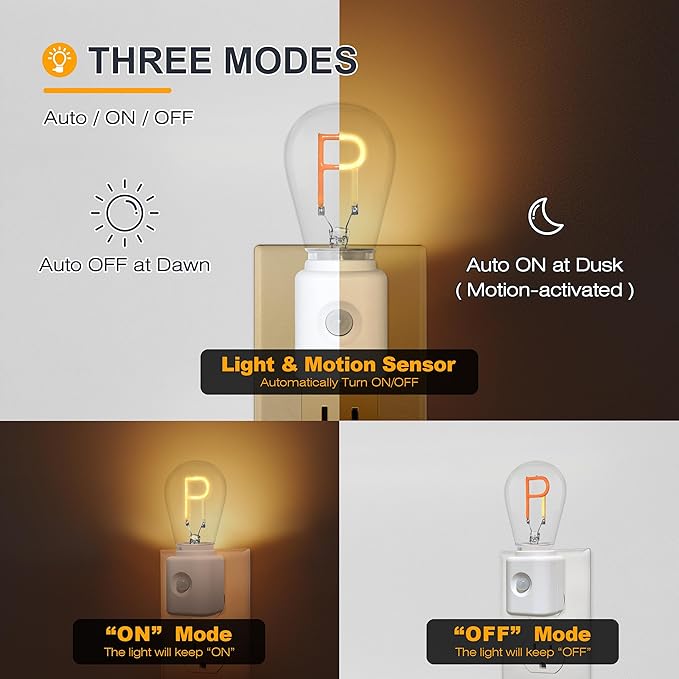 Motion Sensor Night Light, LED Night Lights Plug into Wall, 10-100LM Dimmable Night Light P-Type for Hallway, Stairs, Bedroom, Garage, Bathroom, 2200K Amber, 1-Pack