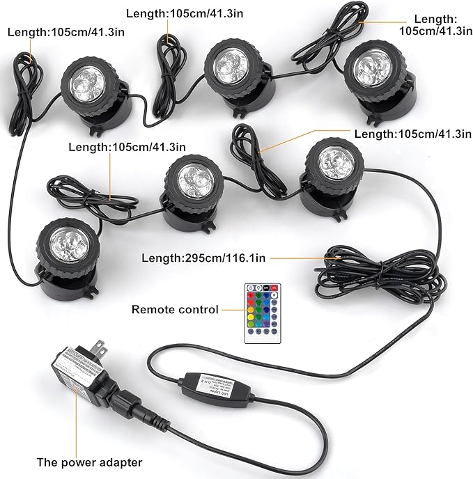 RGB Pond Lights with Timer, LED Underwater Submersible Fountain Light, 98ft Remote Control IP68 Waterproof Colorful Landscape Spotlights for Fish Aquarium Tank Garden Yard Pool (Set of 6)