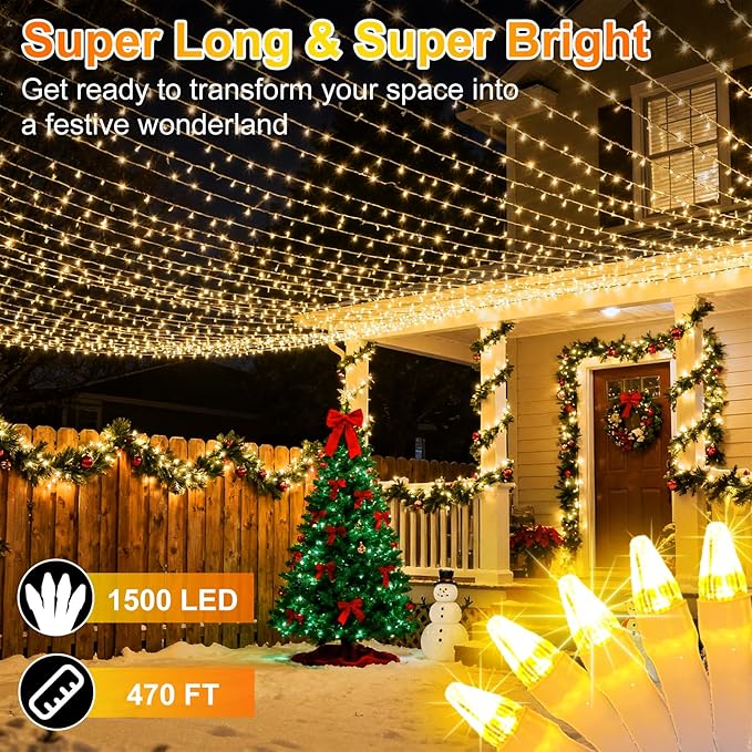 1500 LED 470FT Christmas String Lights, 12 Modes and Timer Memory Dimmable, Plug in Outdoor Waterproof Clear Wire Twinkle Fairy Light for for Xmas Yard Tree Wedding Party Outside Decor (Warm White)