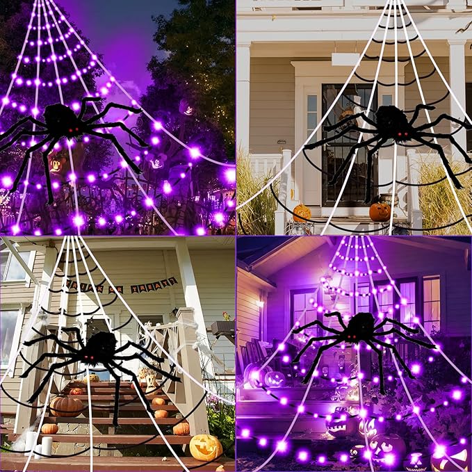 Halloween Spider Webs Decorations Outdoor Lights, 19.7*14.8FT Giant Spider Web with 250LED Purple Lights, Halloween Light up Triangular Black Spider Web with 8 Modes&Spider for Yard Home Parties Decor