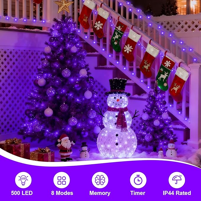 QITONG 165ft 500 LED Purple String Lights Outdoor, Clear Wire Christmas Lights with 8 Modes, Twinkle Xmas Lights Indoor Plug in