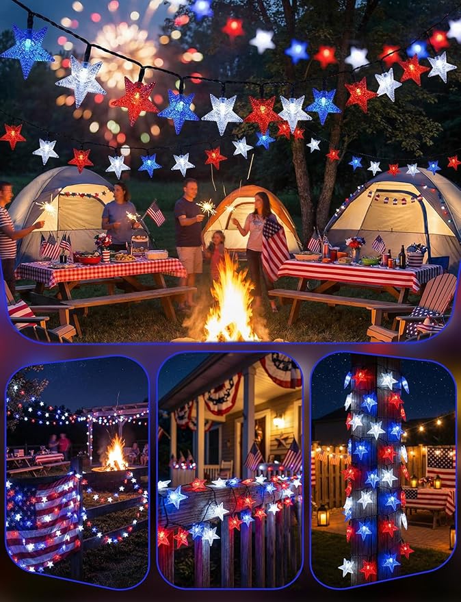 Solar String Lights Red White Blue Star LED Solar Powered Lights Waterproof Outdoor Lights for 4th of July Decorations Patio Garden Yard Memorial Day Independence Day Christmas Party with 8 Modes
