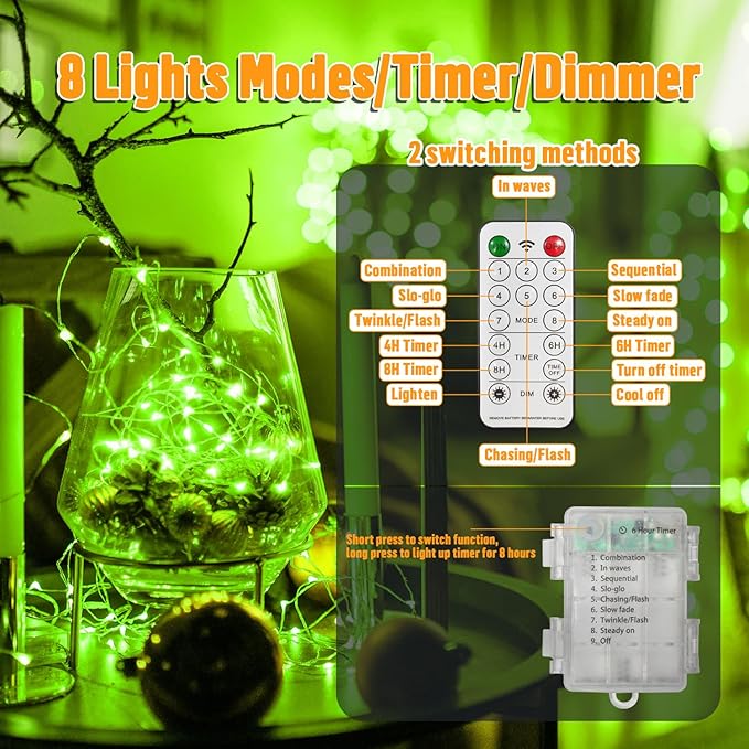 LAMPHOME 100 LED Fairy Lights Battery Operated, Mini Battery Powered Copper Wire Starry String Lights,Light Length 32.5Ft, Multi Functions & timerWith Remote,St Patrick's Day Decorations,Green