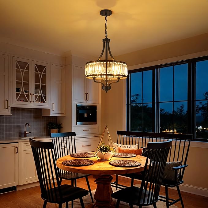 15.75 " Modern Black Crystal Chandelier,3-Light Farmhouse Dining Room Light Fixture Over Table Adjustable Height Hanging Industrial Pendant Lights Kitchen Island,Living Room Kitchen Island Entryway