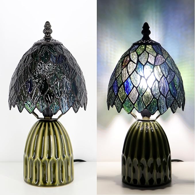 Tiffany Lamp Stained Glass Mushroom Table Lamps 6X6X12.5 Inch Multicolor Leafage Style Small Night Light Ceramic Base Mini Accent Desk Light Suitable for Bedside Table Bedroom Children Room