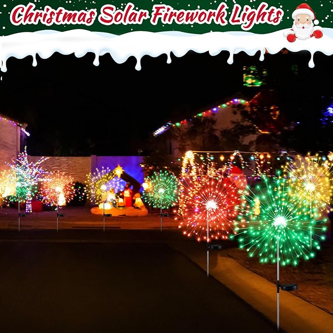 6 Pcs Mardi Gras Solar Firework Lights Solar Lights Outdoor Garden 120 LED 8 Modes Waterproof LED Sparkler Outdoor for Carnival Patio Yard Pathway Walkway (Red,Yellow,Green)