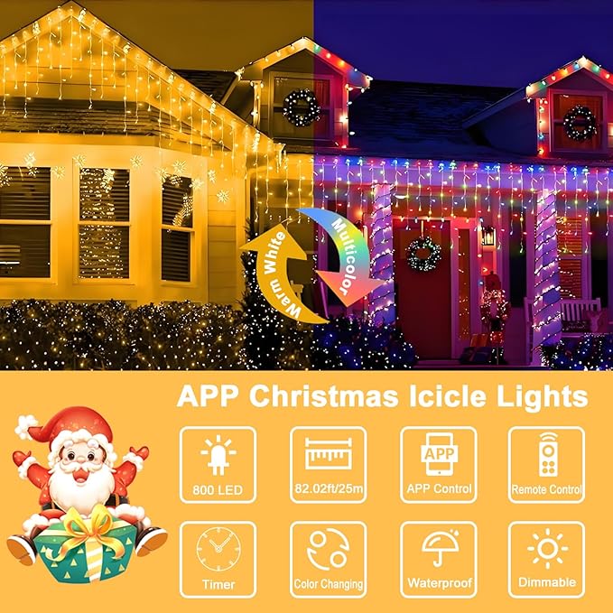 Color Changing Icicle Lights for Outside,82ft 800 LEDs Christmas Light,APP Control,Music Sync,Waterproof LED Icicle Lights for Eaves Yard House Holiday Christmas Decoration,Warm White and Color