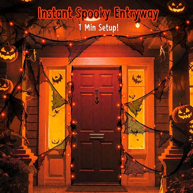 Halloween Lights Battery Operated or USB, Creepy Cloth String Lights with Timer Waterproof 9.8ft 30LED Orange String Lights Halloween Decortions for Fireplace Window Door Mirror