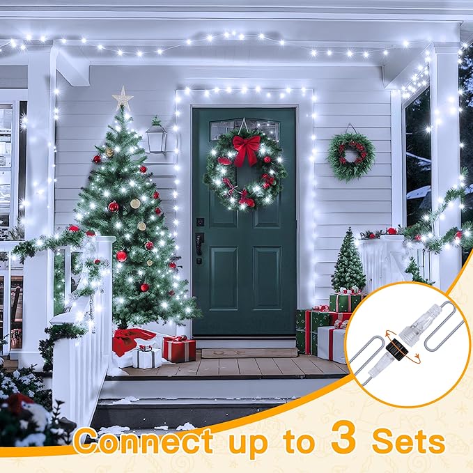 Ollny Christmas Lights 200LED 60FT Indoor, Cool White Connectable Plug in String Light Outdoor, 8 Modes Waterproof Timer LED Fairy Lights for House Outside Bedroom Patio Balcony