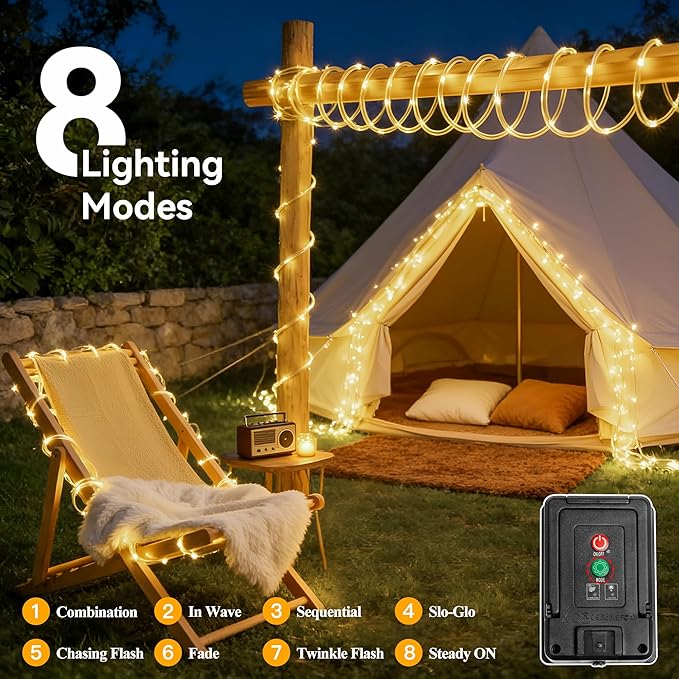 Ollny Solar Rope Lights Outdoor, 33FT 100 LED Warm White String Lights with Remote, 8 Modes Waterproof Timer Tube Light for Tree Holiday Party Wedding Decor