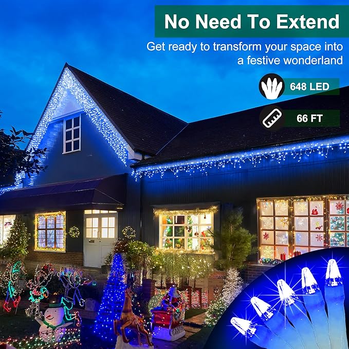 648 LED Outdoor Christmas Lights with 144 Drops, 66ft Christmas Fairy Lights with 8 Modes Timer, Twinkly Lights IP44 Waterproof for Eaves Yard Room Holiday Wedding Party Decor (Blue)