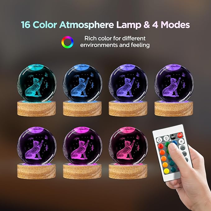 3D Cat Crystal Ball Night Light Cat Lover Gifts for Women 60mm Figurines Glass Lamps with 16 Color and Remote Cute Room Table Decor Birthday Christmas