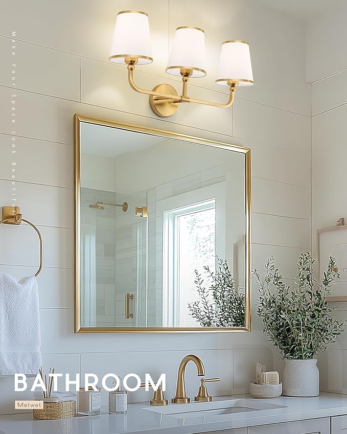 3-Light Bathroom Light Fixtures, Brushed Gold Vanity Lights Over Mirror with White Fabric Shade, Modern Sconces Wall Lighting for Hallway Bedroom, VL837-BG-X-3