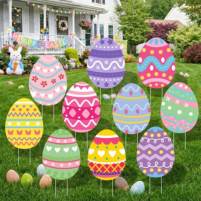 Large Easter Yard Signs 10pcs with Stakes Colorful Eggs Decorations Outdoor Holiday Welcome Signs for Happy Easter Themed Festival Party Supplies, Lawn, Garden Yard Decor