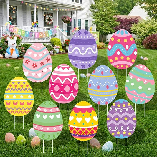 Large Easter Yard Signs 10pcs with Stakes Colorful Eggs Decorations Outdoor Holiday Welcome Signs for Happy Easter Themed Festival Party Supplies, Lawn, Garden Yard Decor