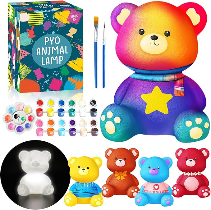 FUNZBO Paint Your Own Bear Lamp Kit - Arts and Crafts Supplies Painting Kits for Kids Teens, DIY Night Light Toy for Toddlers Girls Boys Ages 3 4 5 6 7 8 9 10 11 12 Christmas Birthday Gifts