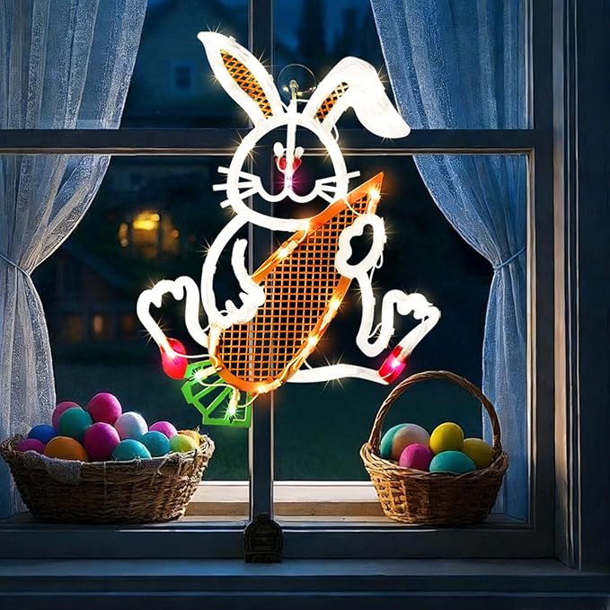 17" 35LED Lighted Bunny with Carrot Easter Decor - UL Certified, Cute Warm Glow, Window & Hanging Ornament, Indoor Holiday Decor,Beautiful Gift for Easter