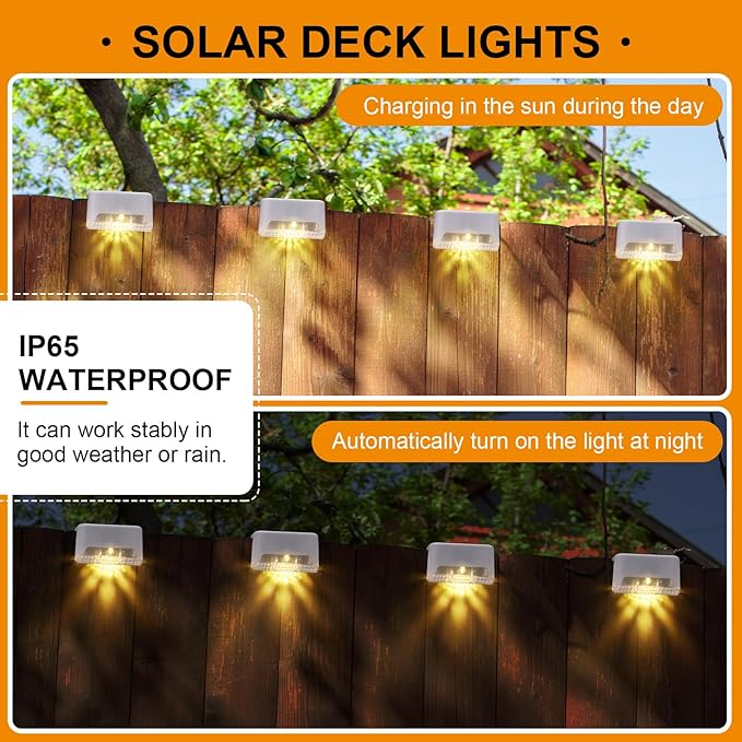 Geelin 32 Pcs Solar Deck Lights Outdoor, Waterproof LED Solar Step Fence Lights for Stairs, Step, Railing, Patio, Driveway, Garden, Pathway and Yard(White Shell Warm White Light)