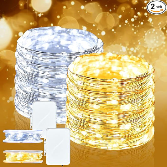 LED Fairy Lights Battery Operated 2 Pack, 16FT 50LED String Lights Silver Wire String Light Waterproof Cuttable Starry Fairy Light for Bedroom Easter Halloween Christmas Decoration (White+Warm)