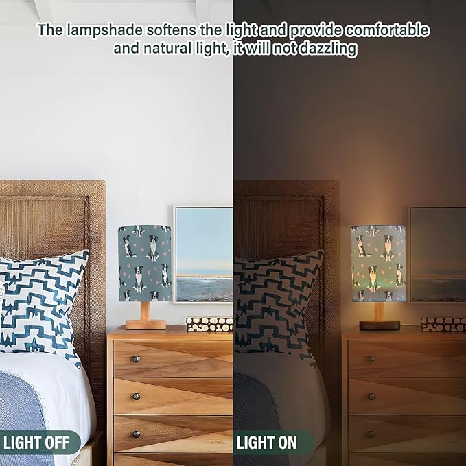Cute Hand Draw Border Collie and Pink Hearts Bedside Table Lamps with USB Port for Bedroom Lamp Accent Table Lamp Small Nightstand Lamp Linen Shade Decorative Lamps for Kids|Reading|Dome|Home