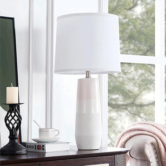 25.25" White Ceramic Table Lamps for Living Room, Ceramic White Lamps Set of 2 for Nightstand, Minimalist Beige Table Lamp Set of 2 for Bedroom, Console Reading Table Lamps