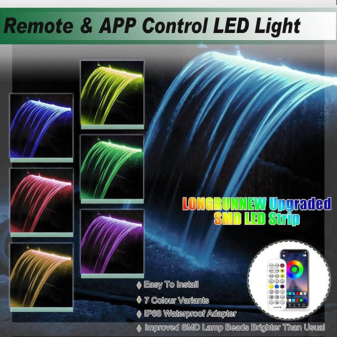 Gepas LONGRUNNEW Replacement 35.4'' LED Light Strip Color Changing for Waterfall Spillway Pool Fountain with Adapter, Remote Control Designed