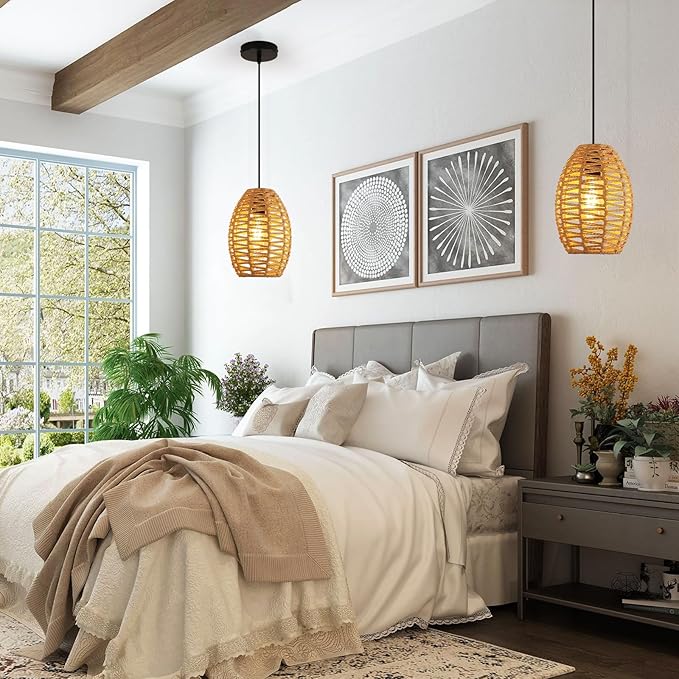 DELIPOP Pendant Light, Hand-Woven Rattan Chandelier, Boho Hanging Light with Adjustable Cord 4.9ft for Living Room, Dining Room, Kitchen, Bedroom (Black & Brown)