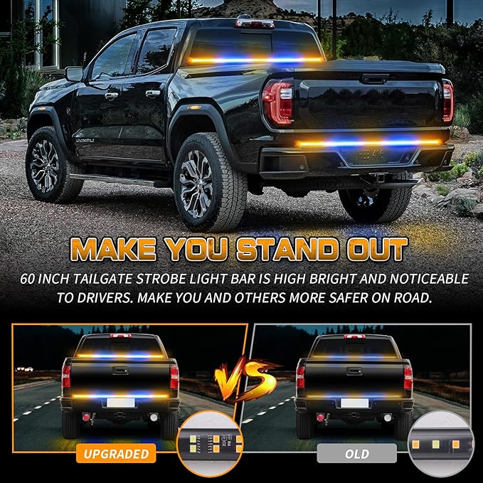 XRIDONSEN 60 inch Amber Blue Truck Tailgate Strobe Lights Strip 360 LED Tail Light Bar Flashing Warning Hazard Safety Rear Emergency Lights for Tow Plow Trucks Construction Vehicles Pickup Trailer
